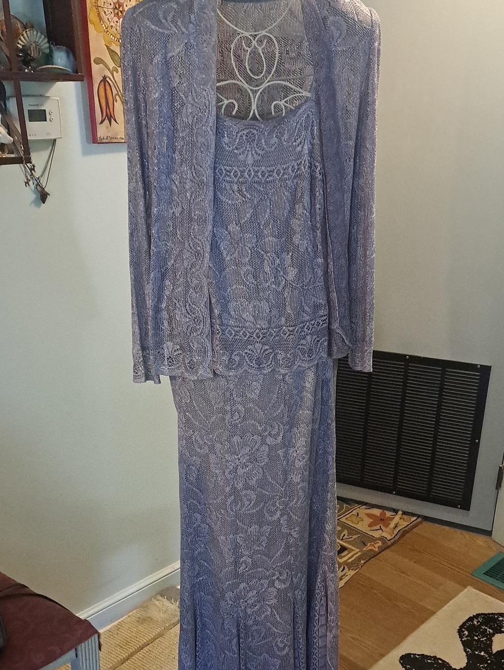 Elegant Vintage Lavender Lace Maxi Skirt , Tank And Cardigan 3 Piece Set Sz L
